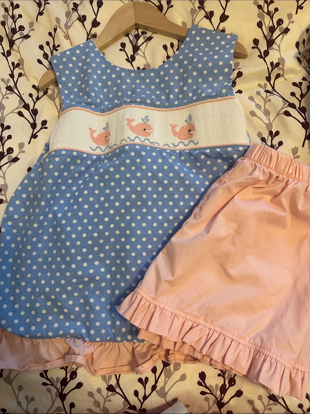 Girls Blue Polka Dot Whale Smocked Top with Pink Ruffle Shorts